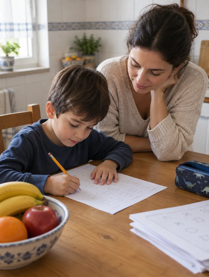 Mãe ao lado do filho, à mesa da cozinha, enquanto ele traça letras numa ficha impressa