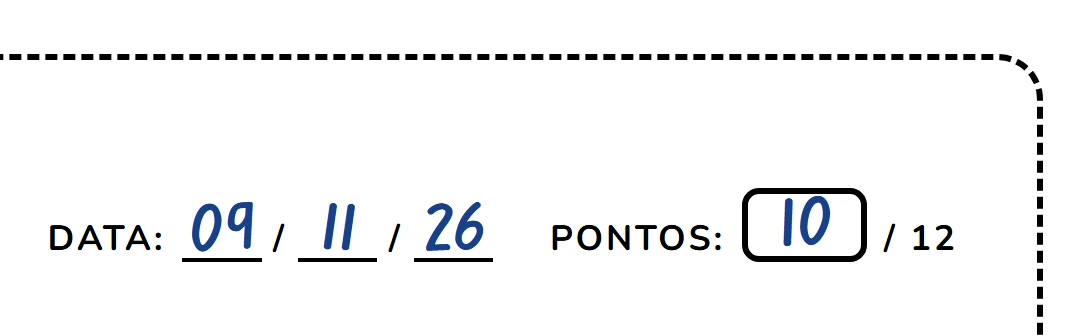 A mesma ficha impressa outra vez: data 09/11/26 e 10 pontos em 12, escritos à mão a azul
