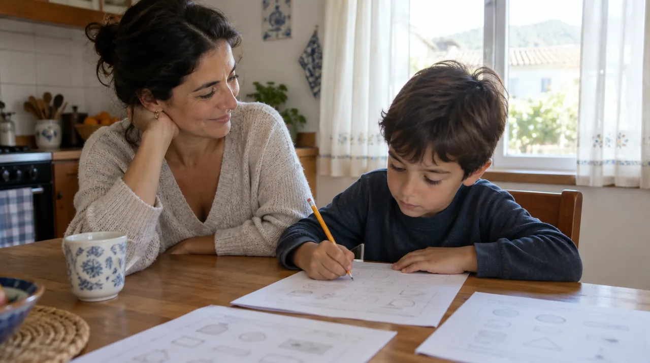 Mãe a olhar para o filho, que escreve numa ficha à mesa da cozinha